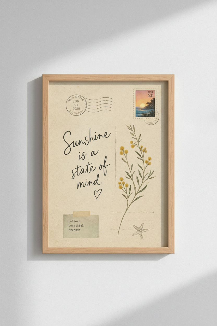 Vintage Postcard Art Print | Coastal California Boho Decor | Sunshine Quote Poster