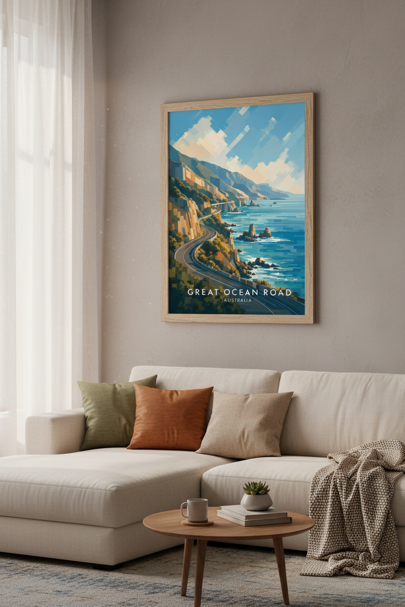 Great Ocean Road Australia Print | Coastal Travel Poster | Modern Blue Wall Art