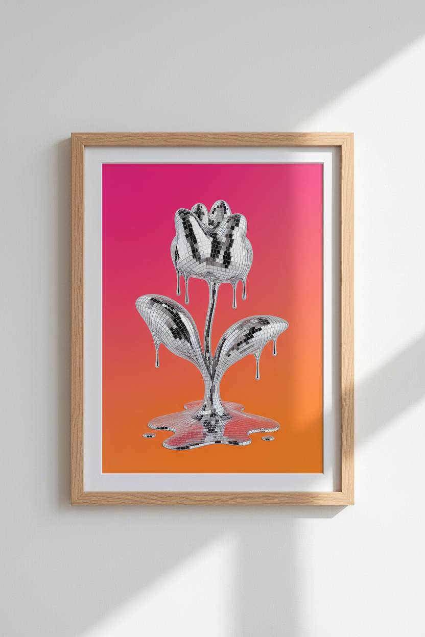 Disco Ball Wall Art Print | Melting Chrome Flower Poster | Retro Pink Orange Decor