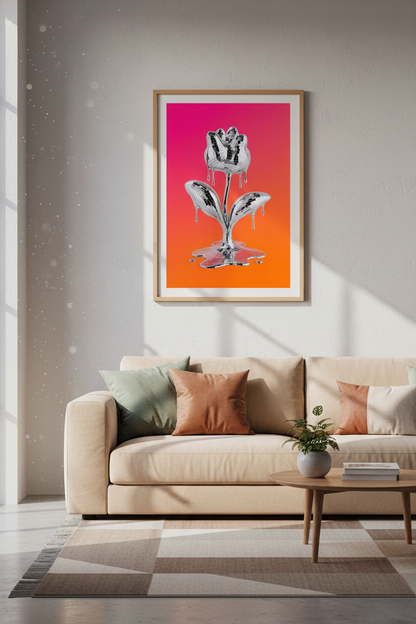 Disco Ball Wall Art Print | Melting Chrome Flower Poster | Retro Pink Orange Decor