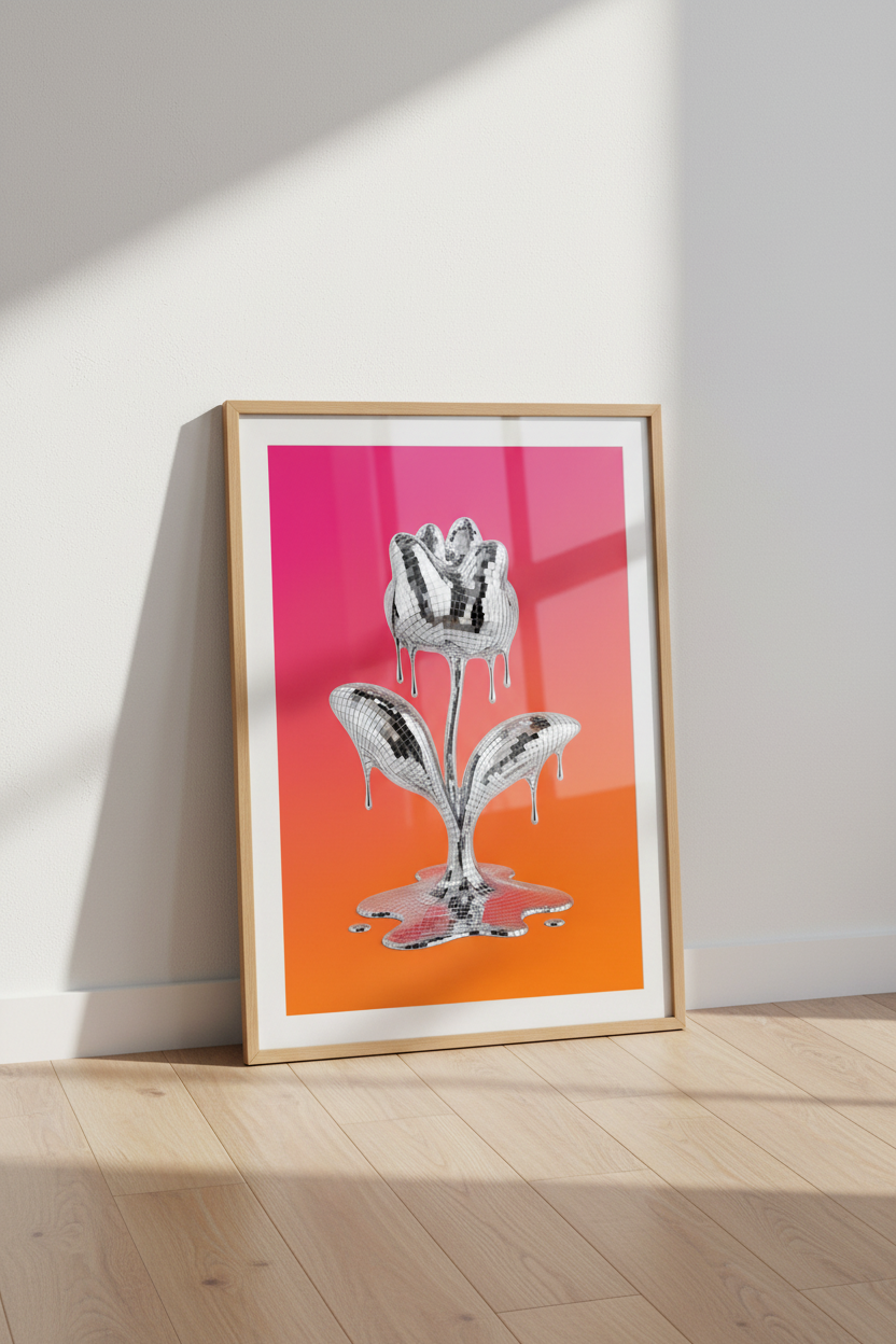 Disco Ball Wall Art Print | Melting Chrome Flower Poster | Retro Pink Orange Decor