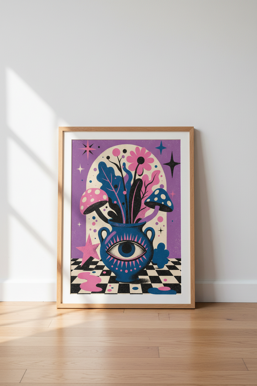 Surreal Mushroom Eye Vase Art | Psychedelic Purple Floral, Eclectic Living Room Decor