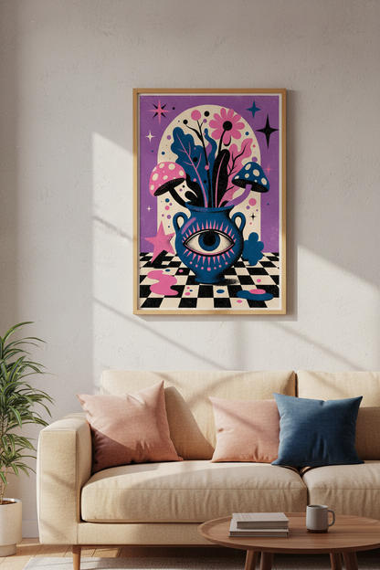 Surreal Mushroom Eye Vase Art | Psychedelic Purple Floral, Eclectic Living Room Decor