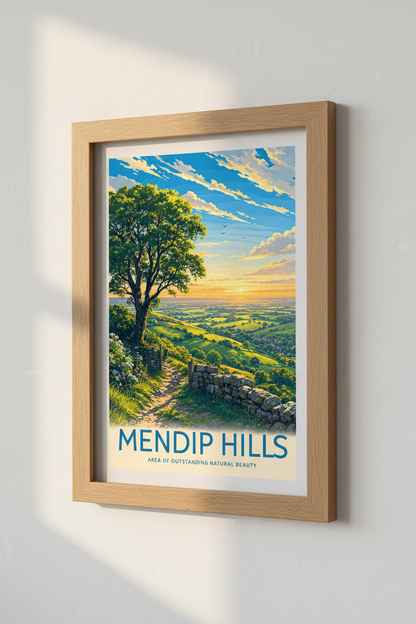 Mendip Hills Somerset Travel Poster | England Landscape Wall Art | Sunset Nature Print