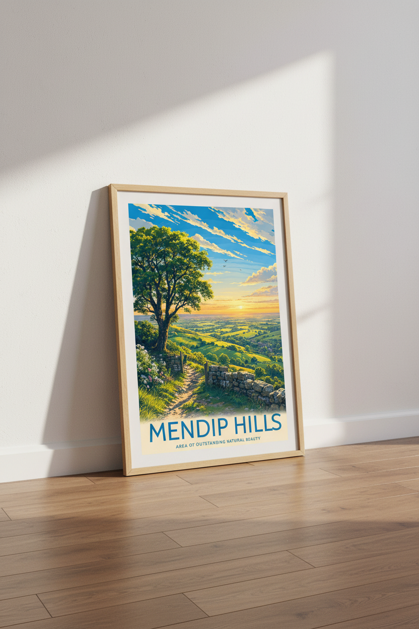 Mendip Hills Somerset Travel Poster | England Landscape Wall Art | Sunset Nature Print