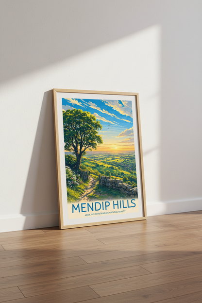 Mendip Hills Somerset Travel Poster | England Landscape Wall Art | Sunset Nature Print