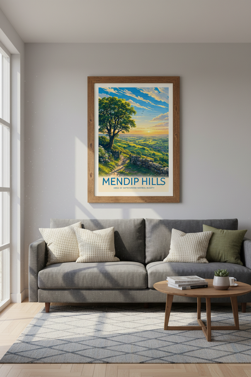 Mendip Hills Somerset Travel Poster | England Landscape Wall Art | Sunset Nature Print