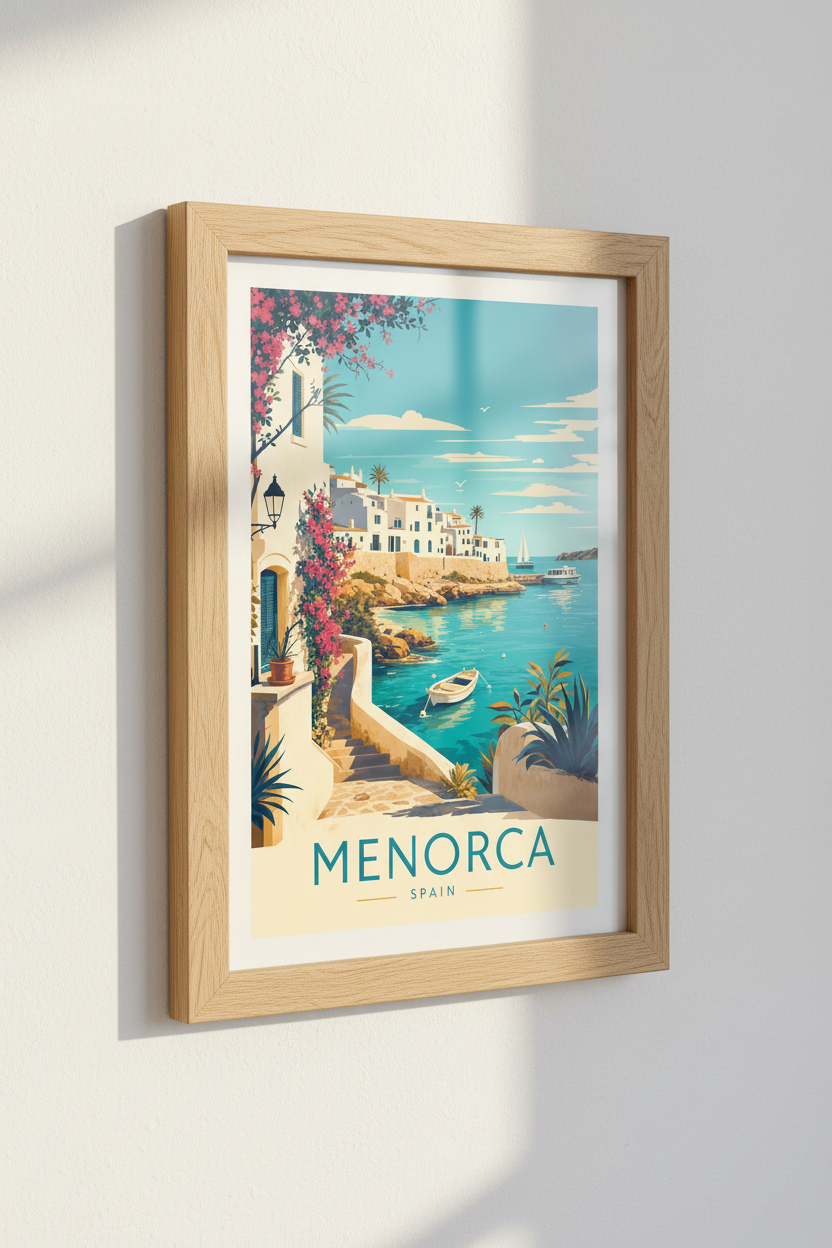Menorca Spain Travel Poster | Mediterranean Coastal Wall Art | Retro Beach Decor