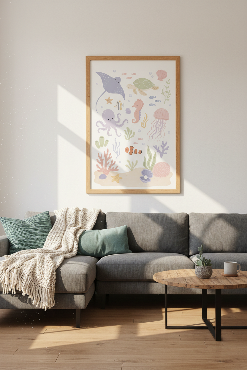 Ocean Animals Nursery Wall Art | Pastel Sea Life Poster, Under the Sea Decor