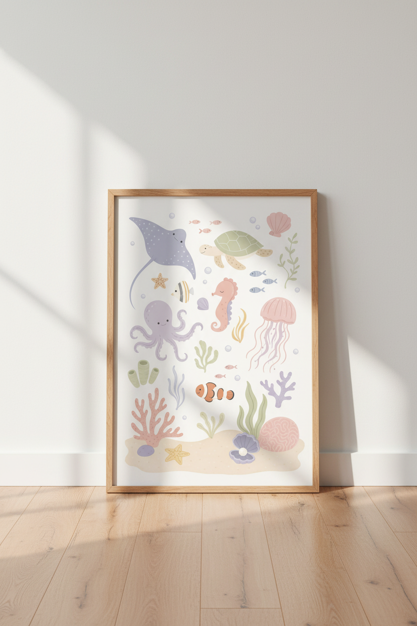 Ocean Animals Nursery Wall Art | Pastel Sea Life Poster, Under the Sea Decor