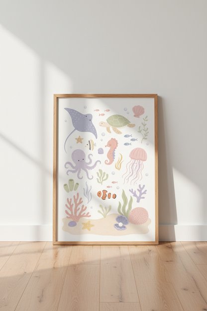 Ocean Animals Nursery Wall Art | Pastel Sea Life Poster, Under the Sea Decor