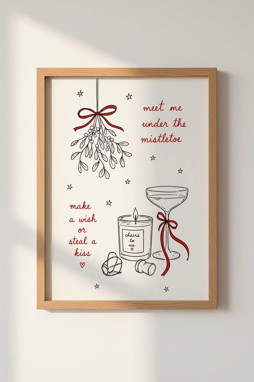 Red Christmas Poster | Mistletoe Holiday Wall Art, Festive Living Room Decor