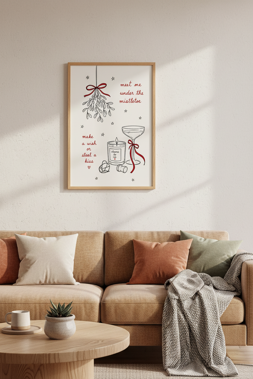 Red Christmas Poster | Mistletoe Holiday Wall Art, Festive Living Room Decor