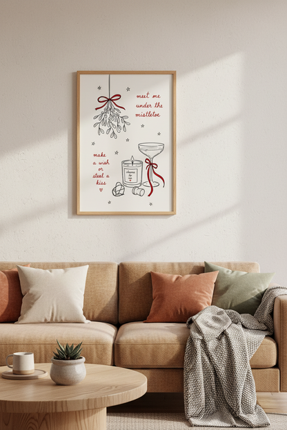 Red Christmas Poster | Mistletoe Holiday Wall Art, Festive Living Room Decor