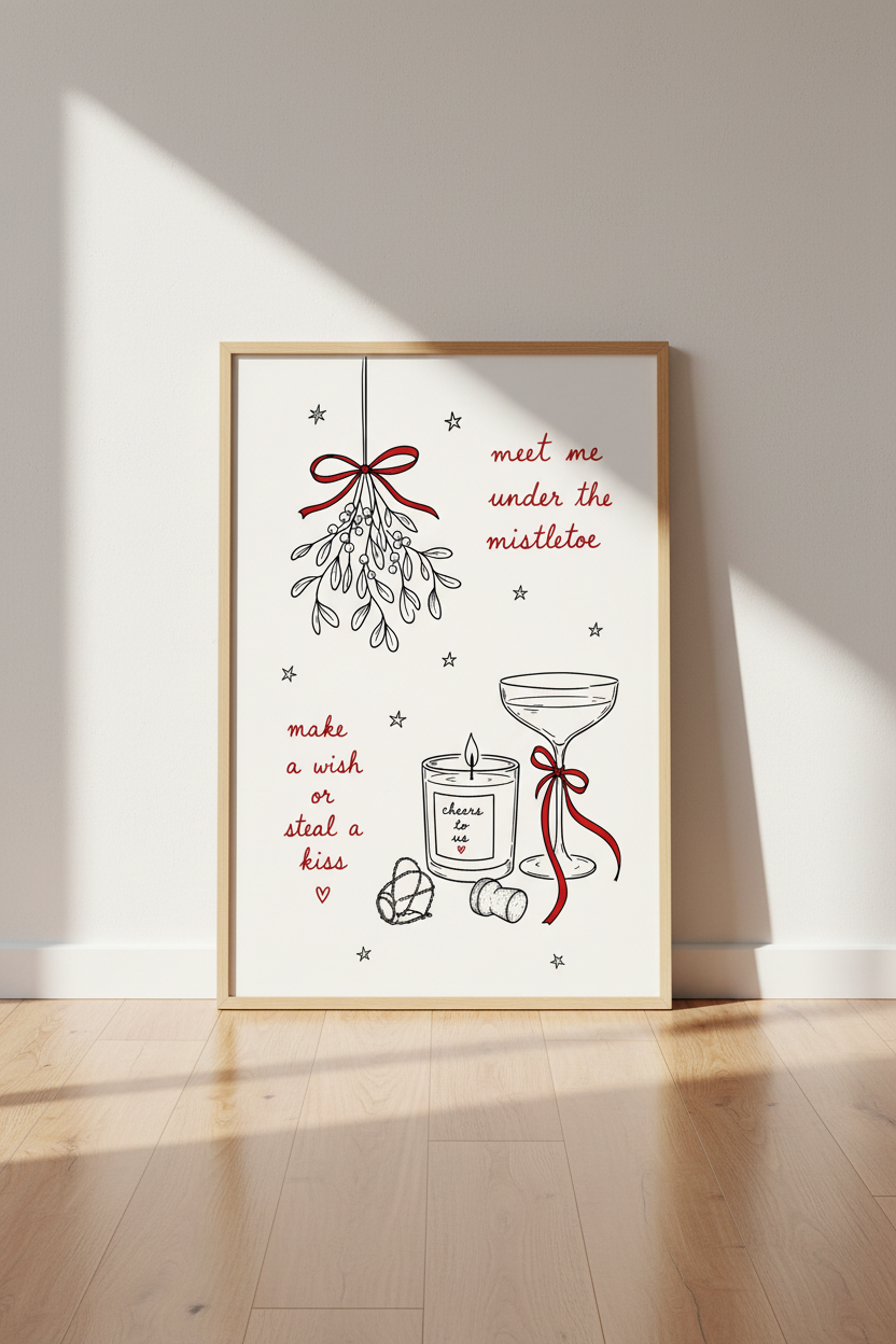 Red Christmas Poster | Mistletoe Holiday Wall Art, Festive Living Room Decor