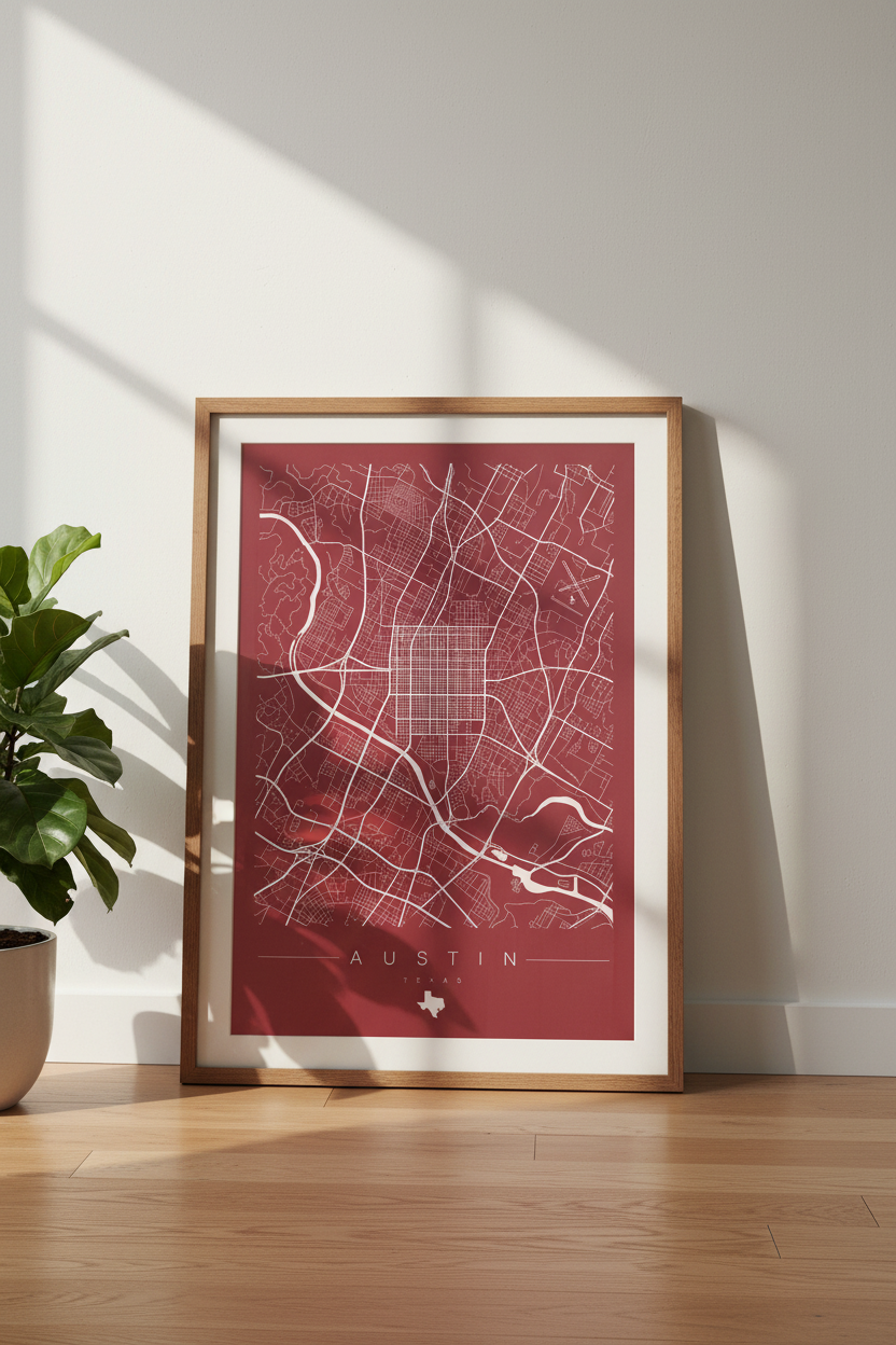 Austin Texas Map Wall Art Print | Modern Red City Poster | Austin Gift Decor