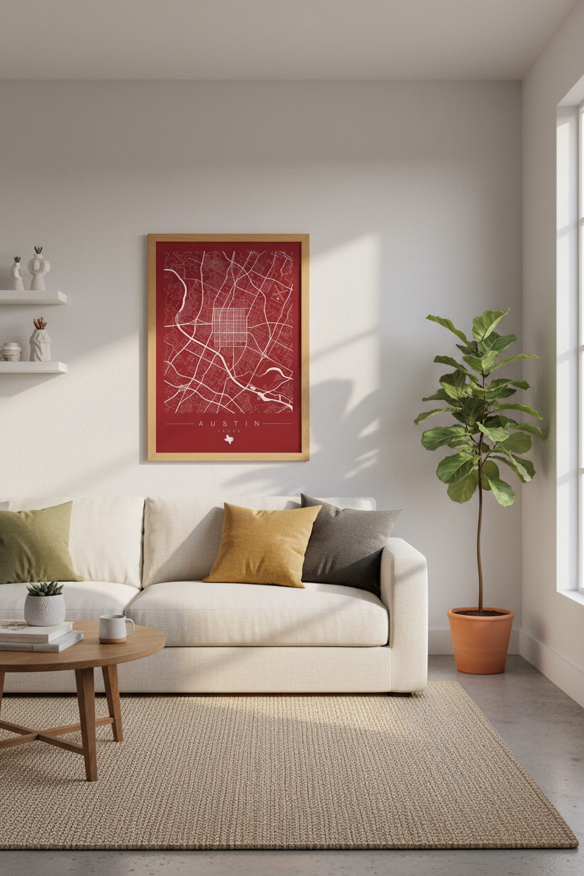 Austin Texas Map Wall Art Print | Modern Red City Poster | Austin Gift Decor