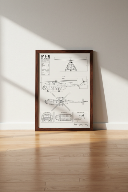 Mil Mi-8 Helicopter Blueprint Art | Aviation Technical Poster, Office Decor