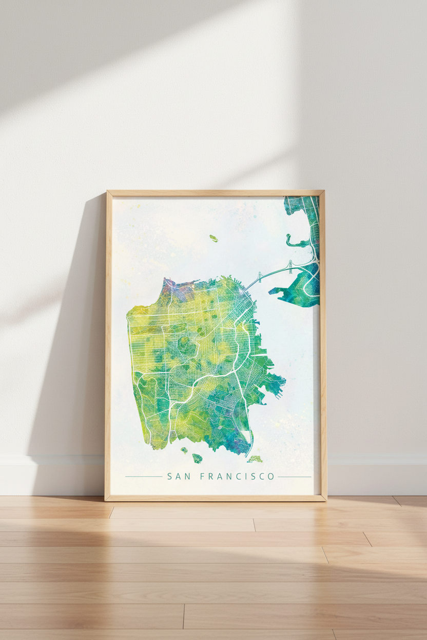 San Francisco Map Wall Art | Teal Watercolor City Poster | California Office Decor