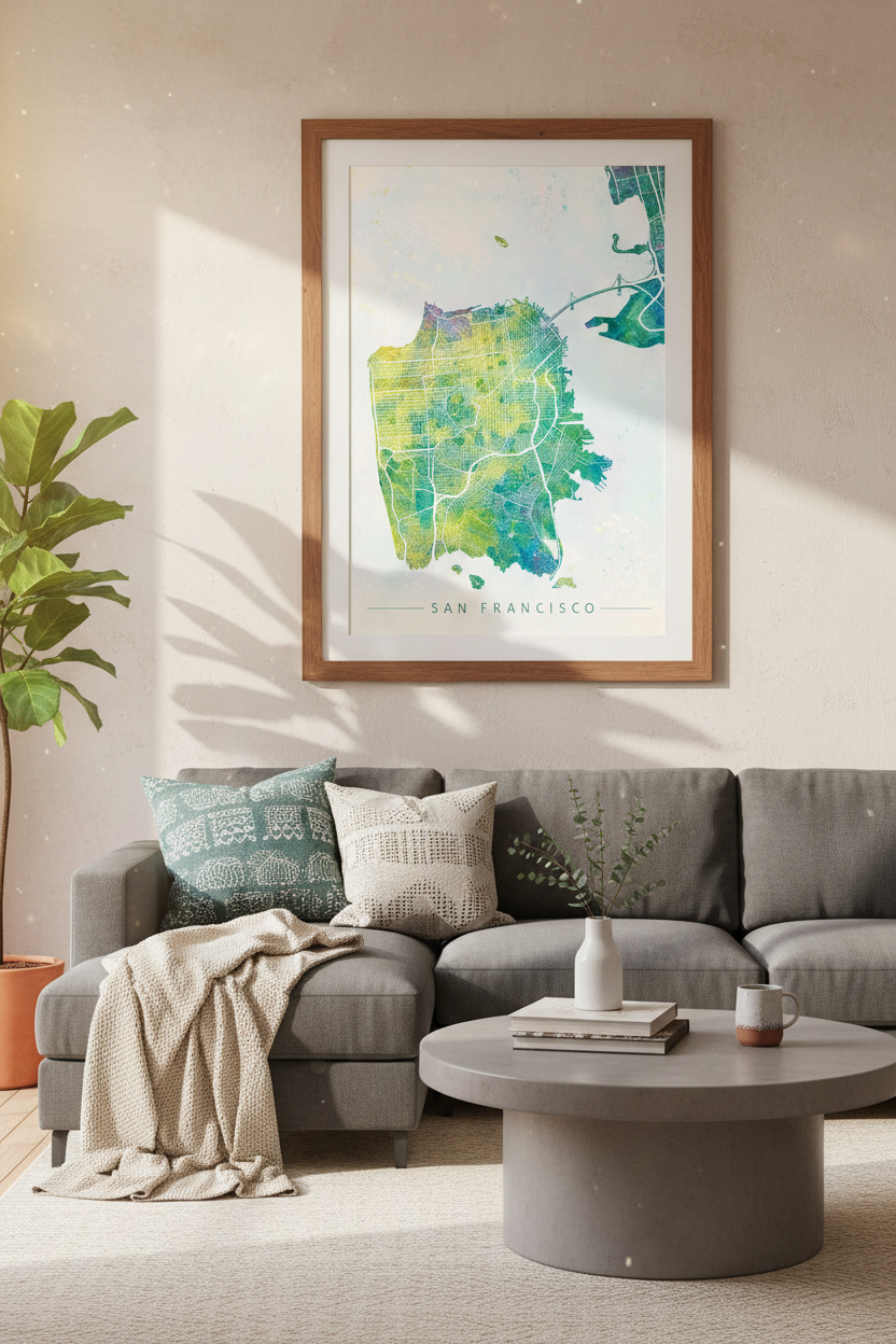 San Francisco Map Wall Art | Teal Watercolor City Poster | California Office Decor