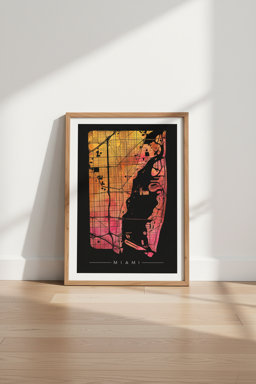 Miami City Map Wall Art | Sunset Watercolor Poster, Living Room Decor