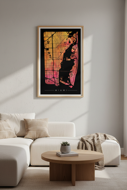 Miami City Map Wall Art | Sunset Watercolor Poster, Living Room Decor