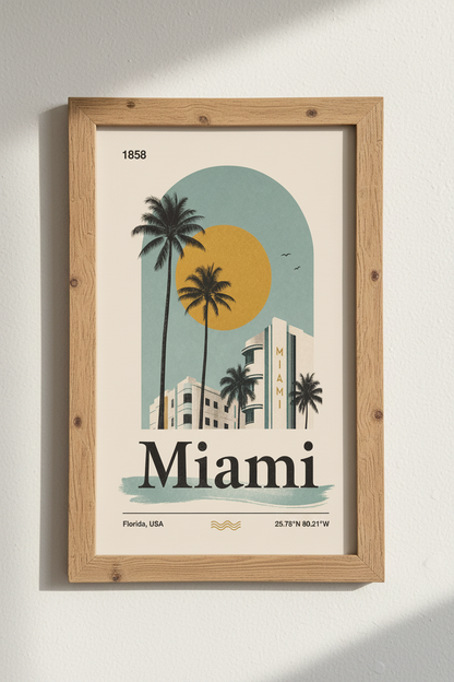 Miami Beach Art Deco Print | Vintage Tropical Travel Poster, Retro Florida Wall Art