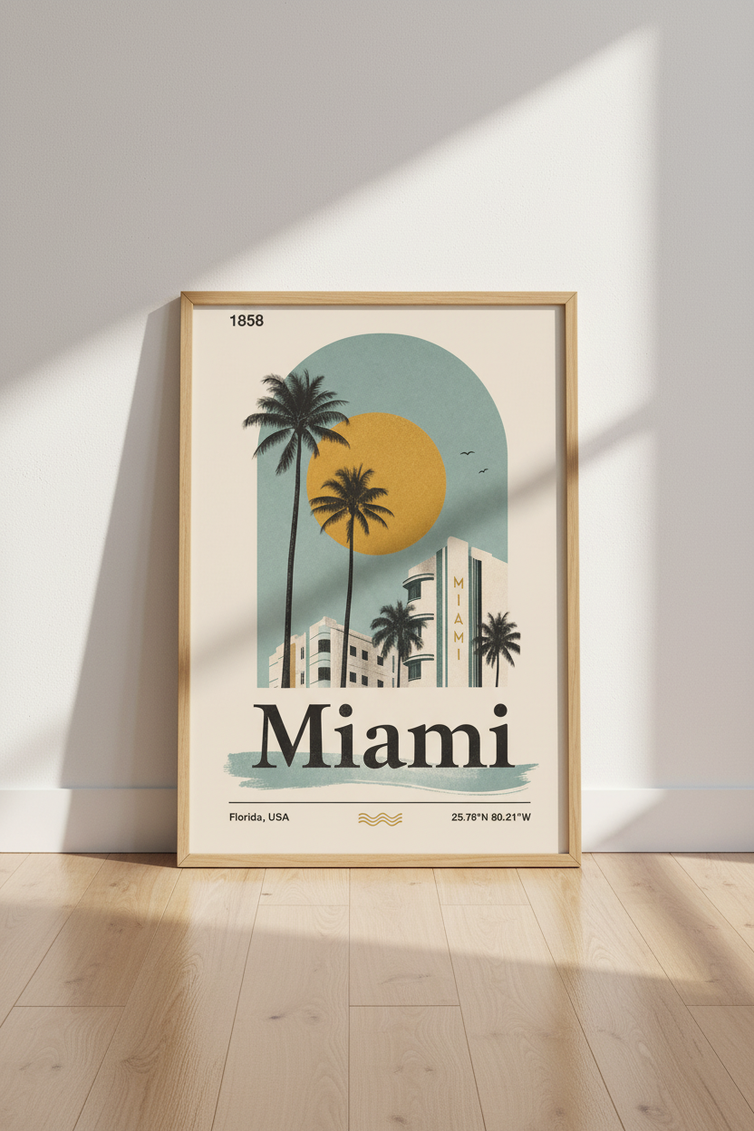 Miami Beach Art Deco Print | Vintage Tropical Travel Poster, Retro Florida Wall Art