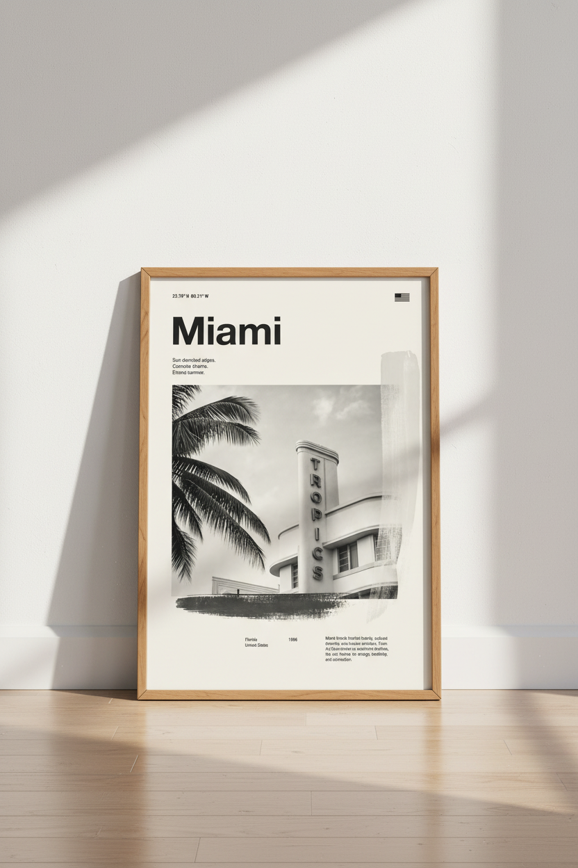 Miami Art Deco Print | Minimalist Black and White Wall Art, Modern Florida Travel Poster