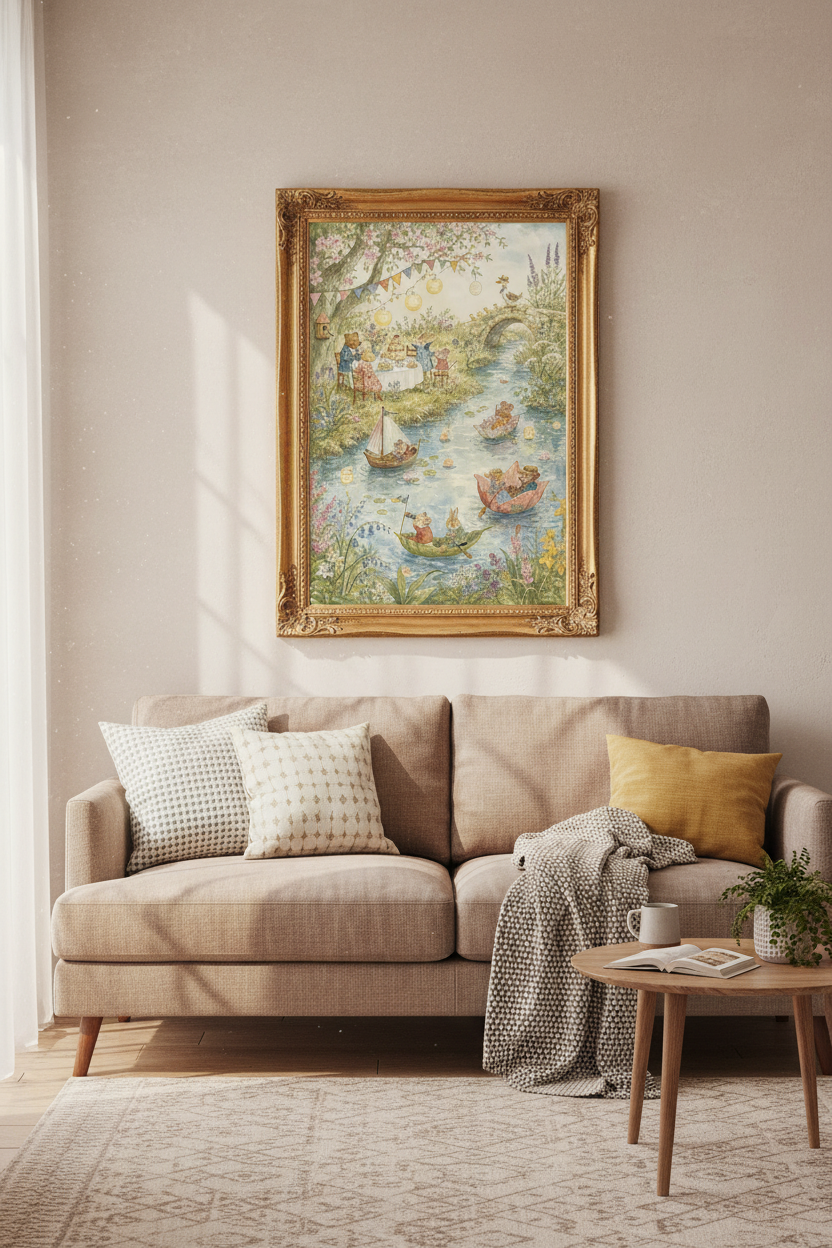 whimsical animal art | watercolor garden, living room decor | pastel poster