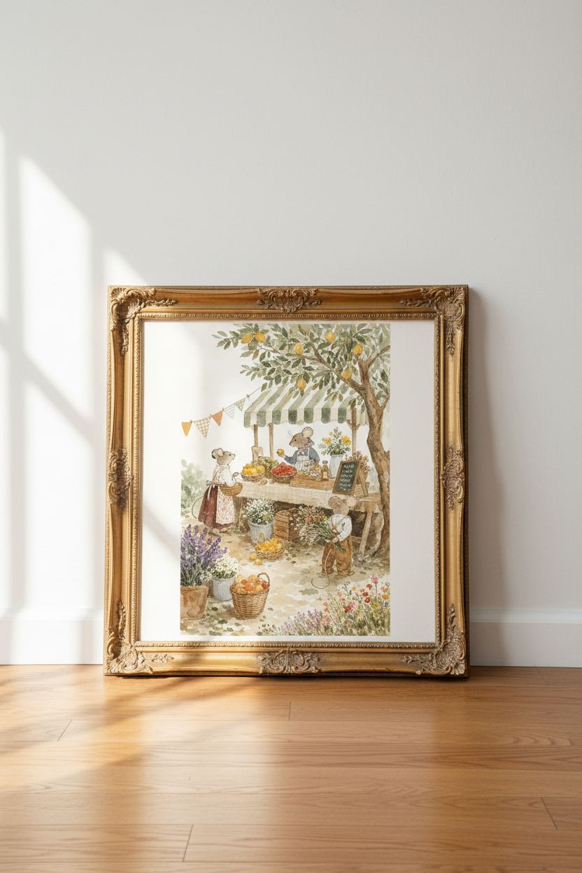 Whimsical Mouse Nursery Print | Storybook Market Woodland Animal, Neutral Kids Wall Art