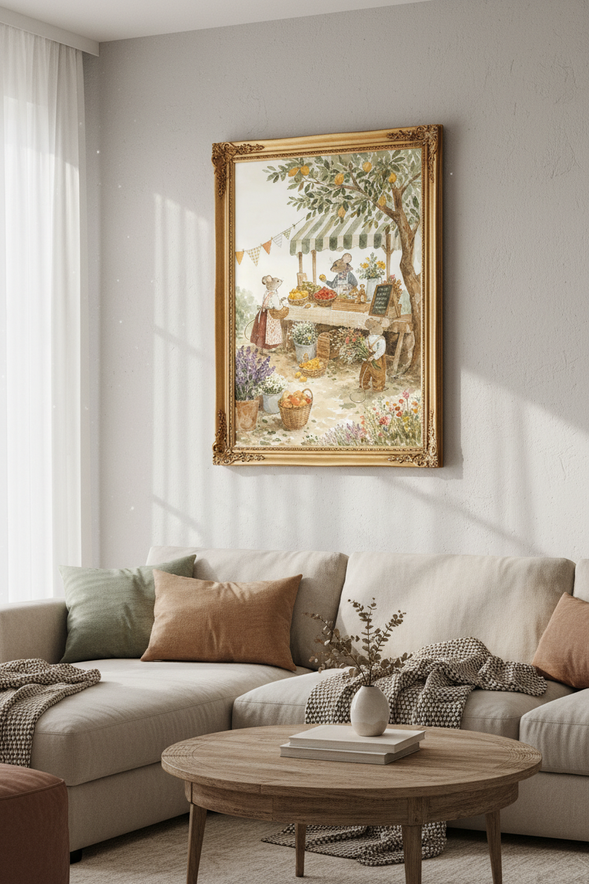 Whimsical Mouse Nursery Print | Storybook Market Woodland Animal, Neutral Kids Wall Art