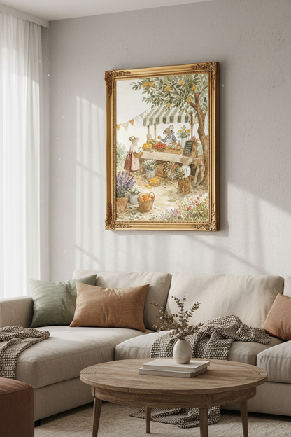 Whimsical Mouse Nursery Print | Storybook Market Woodland Animal, Neutral Kids Wall Art