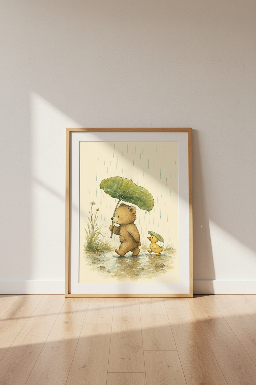 Teddy Bear and Duckling Watercolor | Woodland Nursery Decor | Whimsical Poster