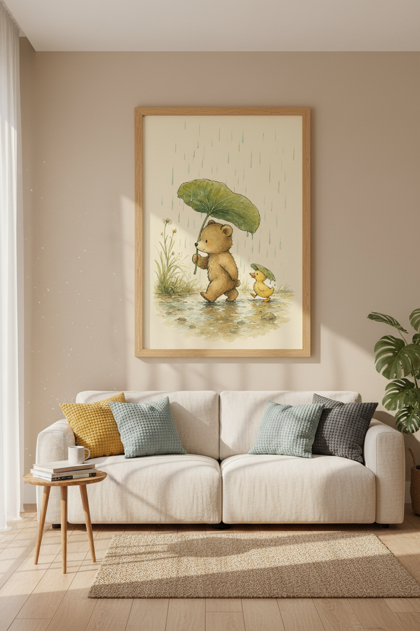Teddy Bear and Duckling Watercolor | Woodland Nursery Decor | Whimsical Poster