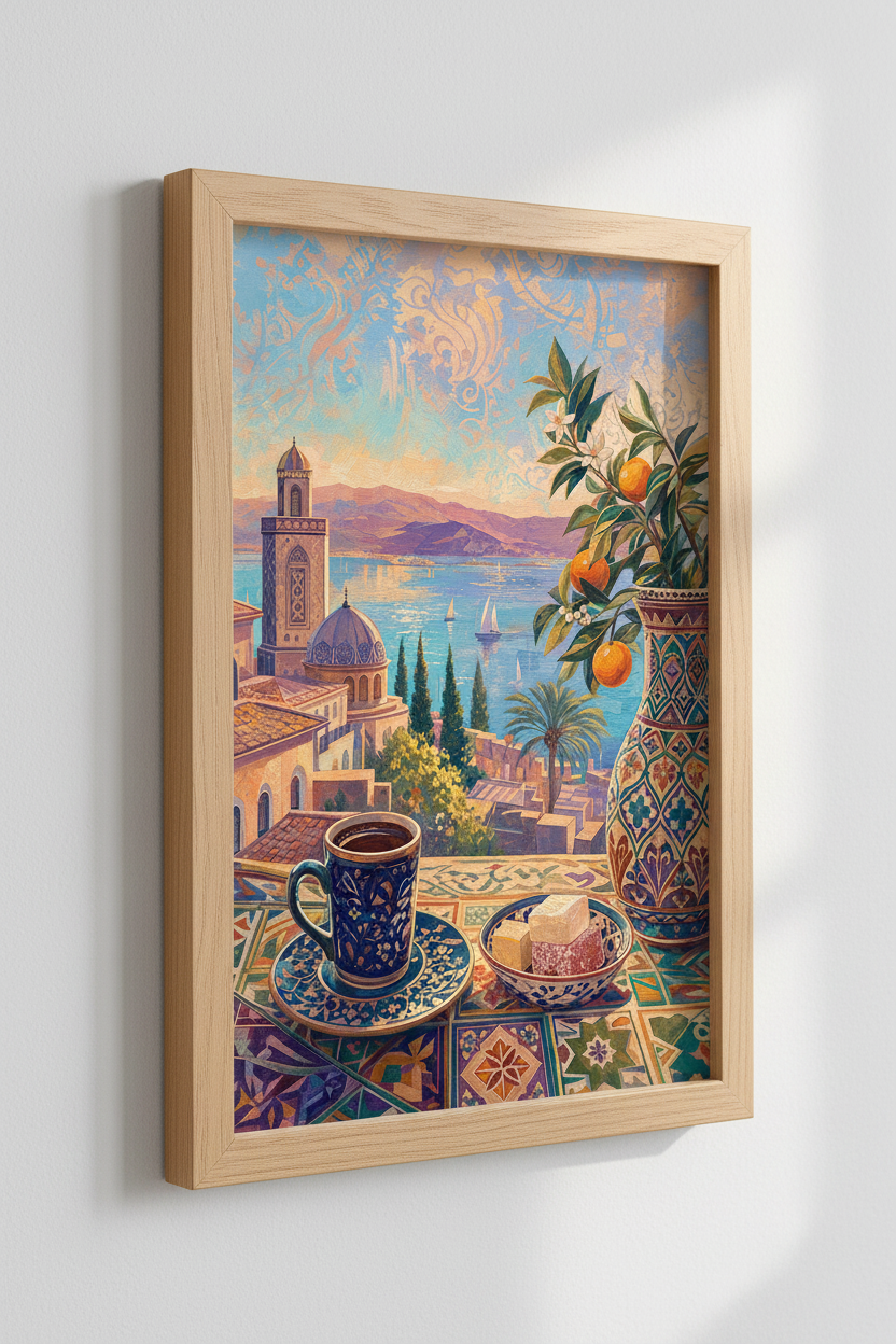 Mediterranean Coffee View | Impressionist Blue Orange Coastal Art, Kitchen Decor Poster