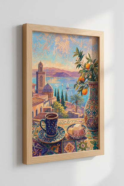 Mediterranean Coffee View | Impressionist Blue Orange Coastal Art, Kitchen Decor Poster