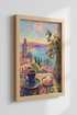 Mediterranean Coffee View | Impressionist Blue Orange Coastal Art, Kitchen Decor Poster