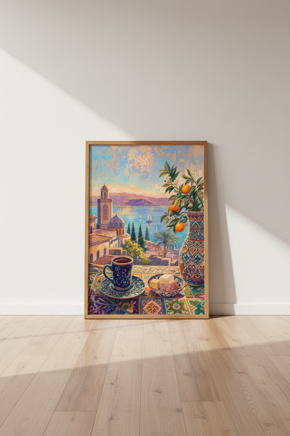Mediterranean Coffee View | Impressionist Blue Orange Coastal Art, Kitchen Decor Poster