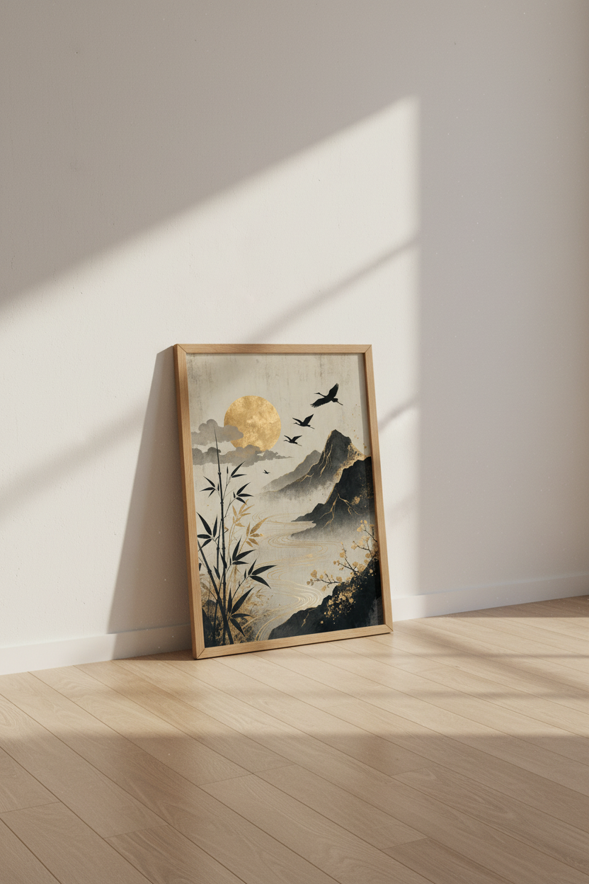 Japanese Crane Landscape Art | Gold Ink Mountain Poster, Zen Living Room Decor