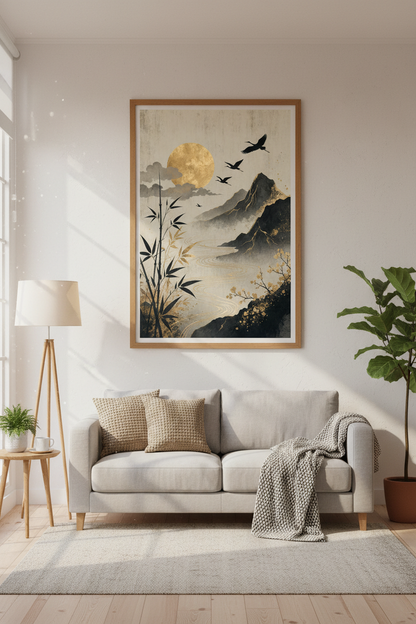 Japanese Crane Landscape Art | Gold Ink Mountain Poster, Zen Living Room Decor