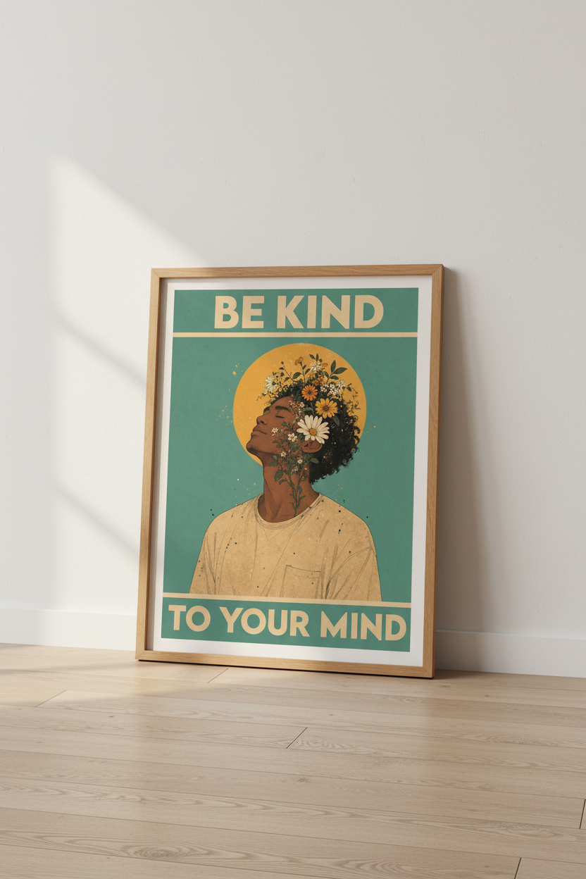 Be Kind To Your Mind Art Print | Retro Mental Health Poster | Boho Floral Wall Decor
