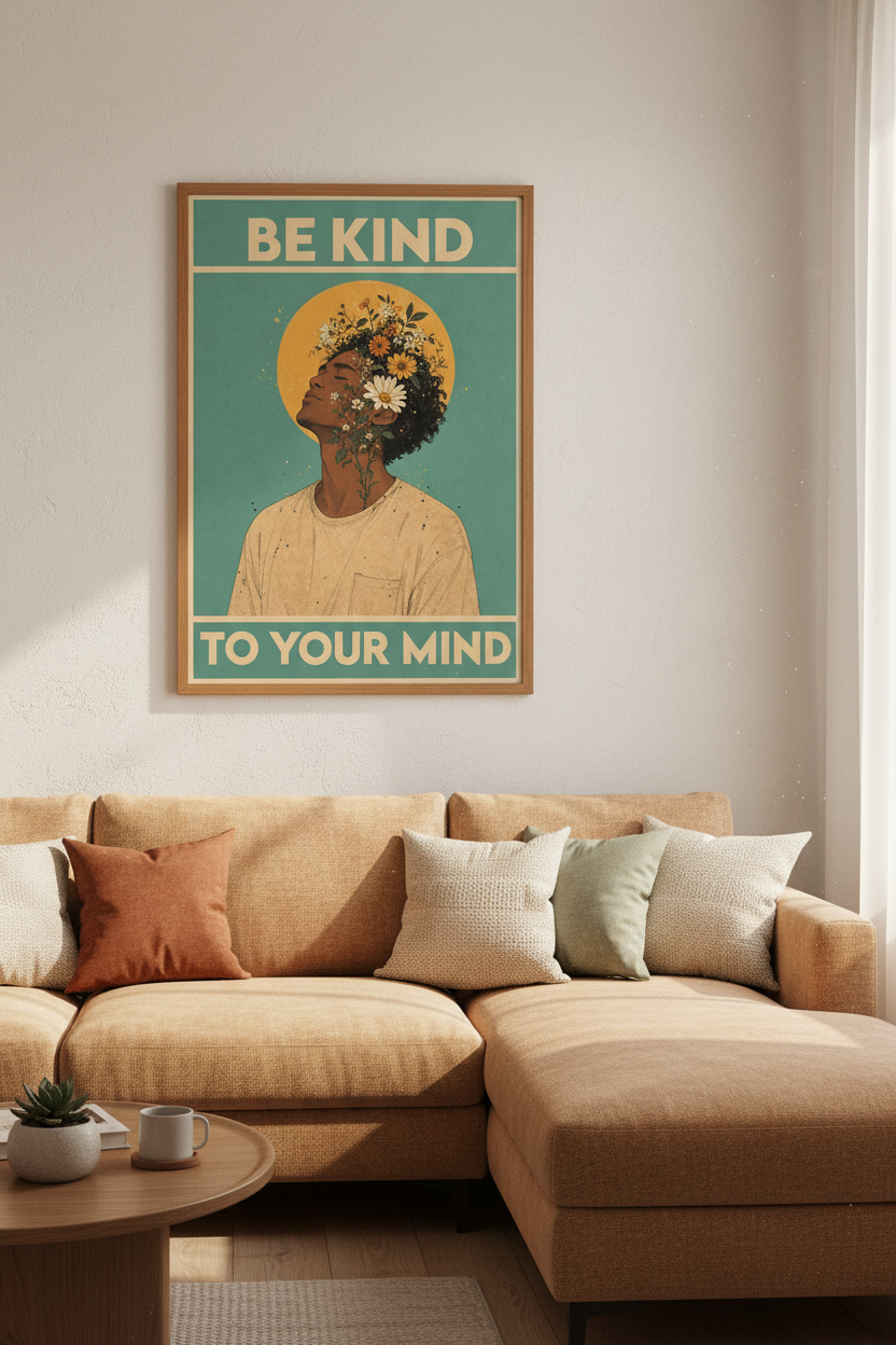 Be Kind To Your Mind Art Print | Retro Mental Health Poster | Boho Floral Wall Decor