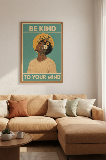 Be Kind To Your Mind Art Print | Retro Mental Health Poster | Boho Floral Wall Decor