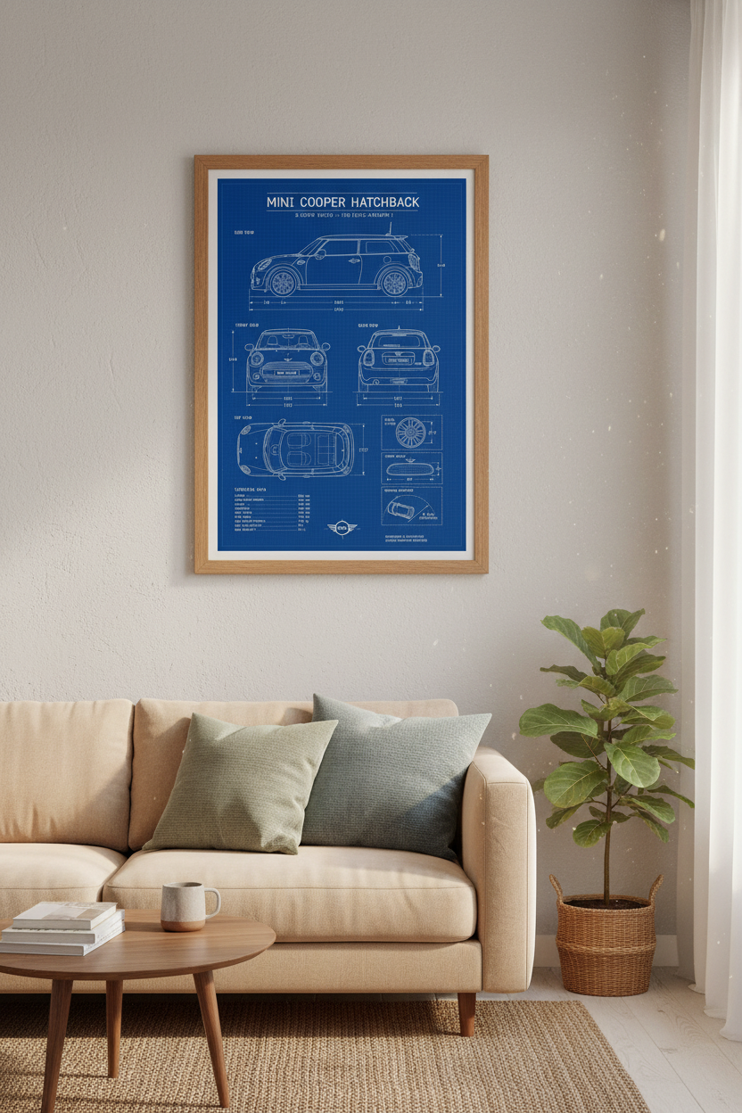 Mini Cooper Blueprint Wall Art | F56 Car Technical Poster | Garage &amp; Office Decor