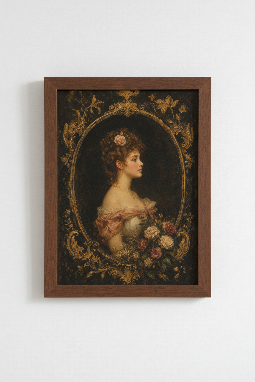 Victorian portrait | Gold Frame, Romantic Era Palette | Living Room Decor