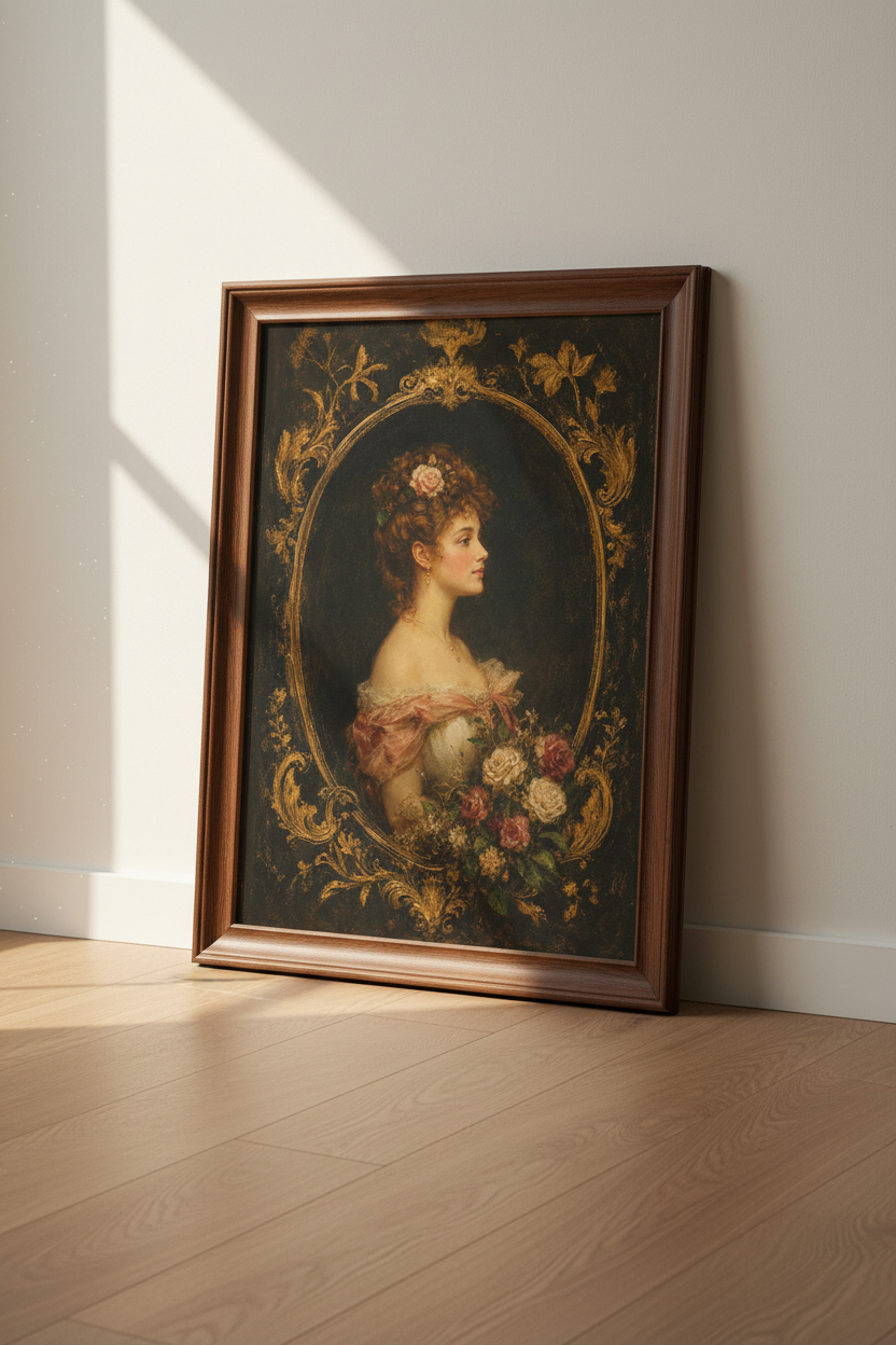 Victorian portrait | Gold Frame, Romantic Era Palette | Living Room Decor