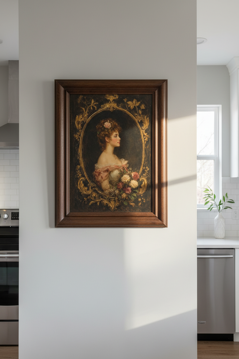 Victorian portrait | Gold Frame, Romantic Era Palette | Living Room Decor