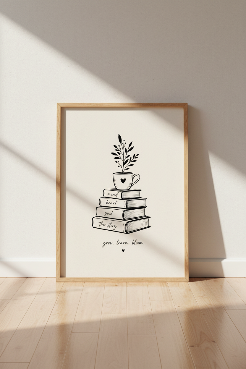 Book Lover Wall Art | Minimalist Botanical Stack Poster | Reading Nook Decor