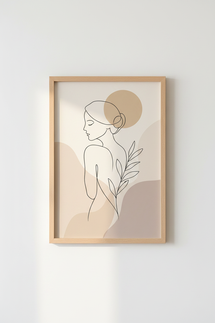 Minimalist Woman Line Art | Neutral Botanical Print, Bedroom Boho Poster